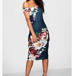 Boohoo Floral Print Off The Shoulder Midi